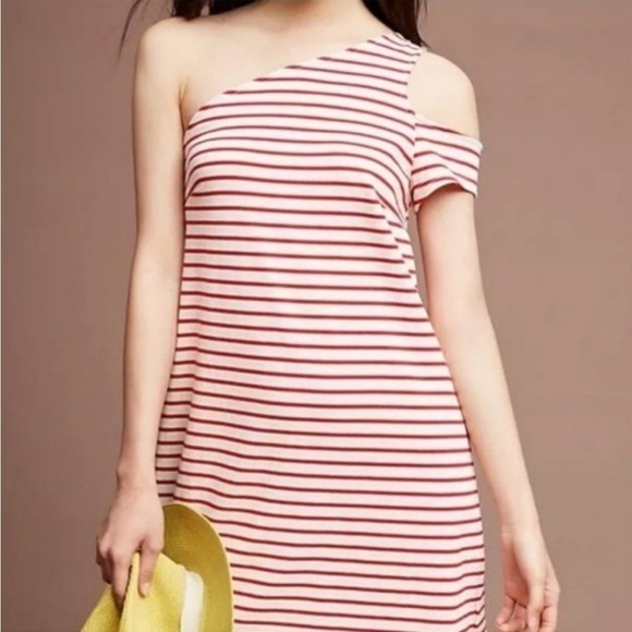 Anthropologie Maeve Red White‎ Striped One Shoulder Dress Size Small - Picture 1 of 7